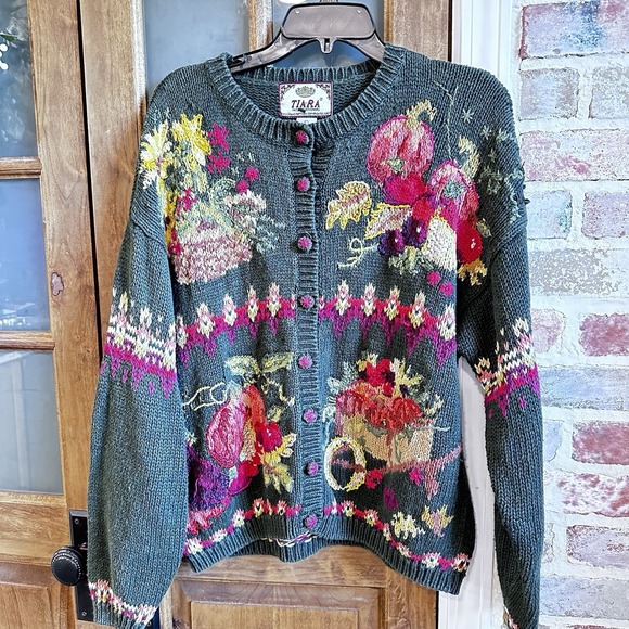 Vintage Tiara International Cardigan Sweater Pumpkin Fall Ugly Chunky Large READ - Picture 1 of 14